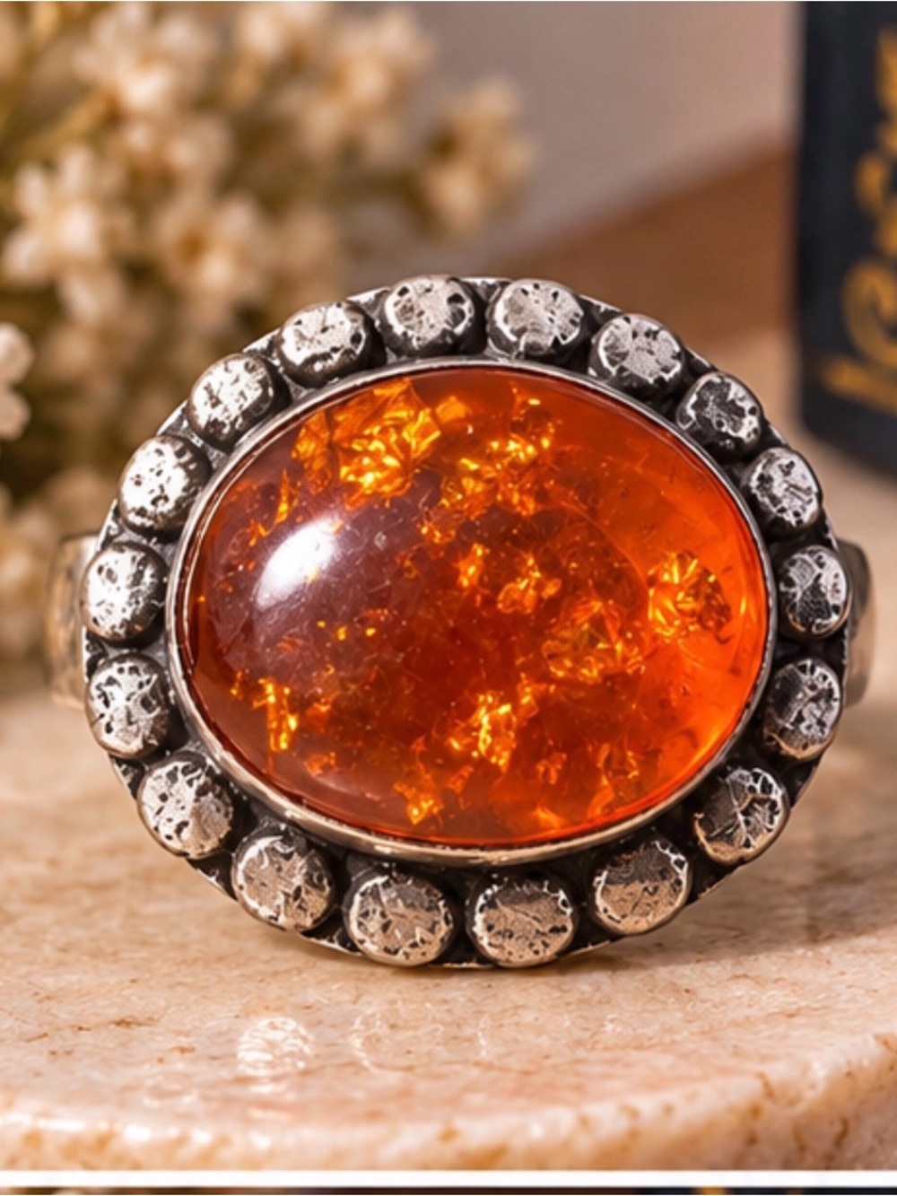 925 Sterling Silver Orange Oval Statement Ring – Rhinestone Border